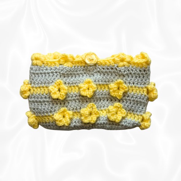 Crochet Flower Pouch - Yellow and Grey