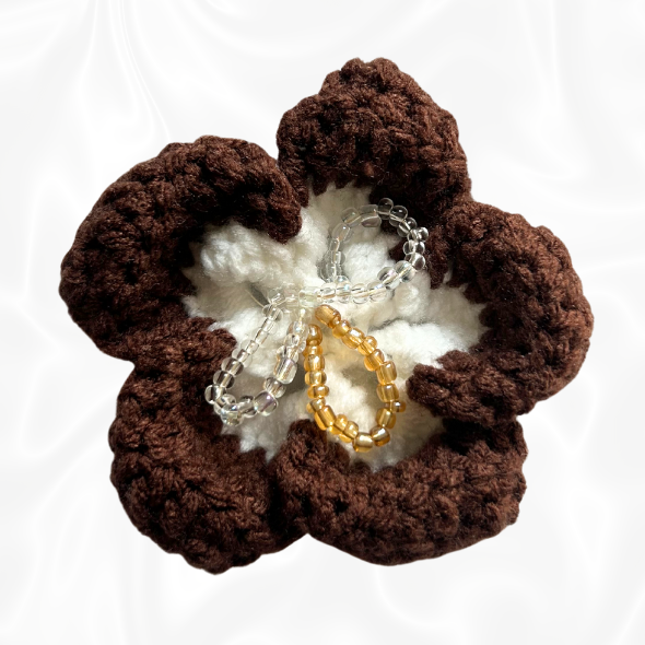 Crochet Hibiscus Hair Clip - Brown and White
