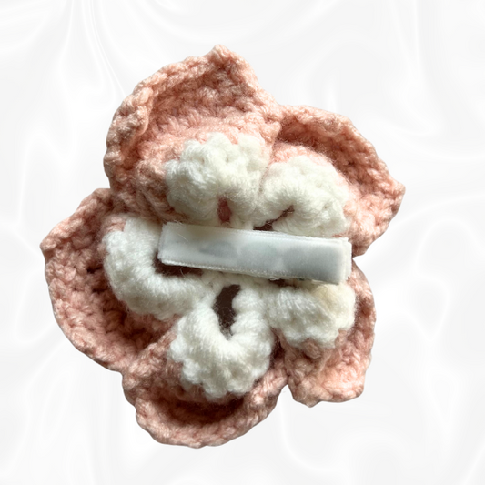 Crochet Hibiscus Hair Clip - Pink and White