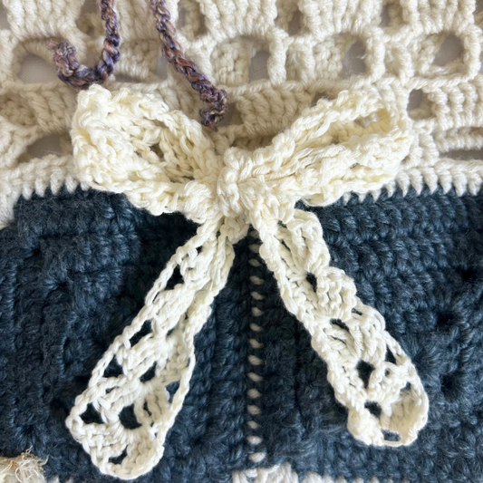 Crochet Ocean Themed Bag w/ Jellyfish Keychain - Navy Blue, Purple, and Cream