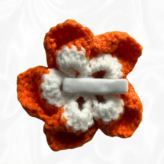 Crochet Hibiscus Hair Clip - Orange and White