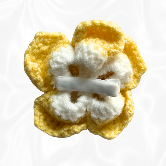Crochet Hibiscus Hair Clip - Yellow and White