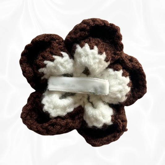 Crochet Hibiscus Hair Clip - Brown and White