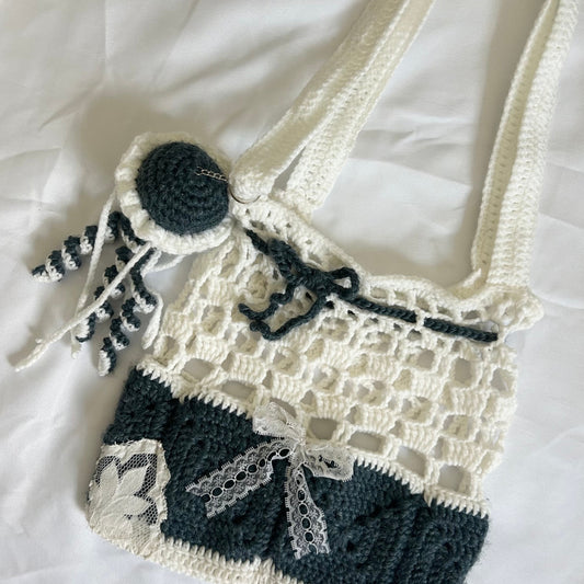 Crochet Ocean Themed Bag w/ Jellyfish Keychain - Navy Blue and White