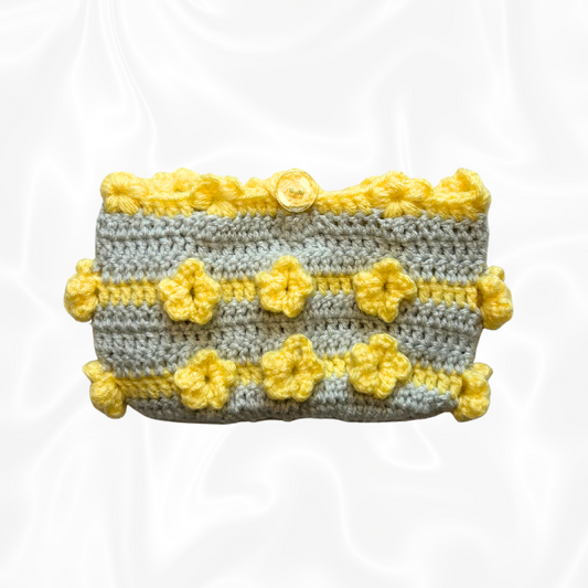 Crochet Flower Pouch - Yellow and Grey
