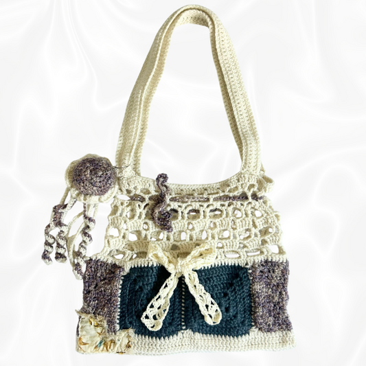 Crochet Ocean Themed Bag w/ Jellyfish Keychain - Navy Blue, Purple, and Cream