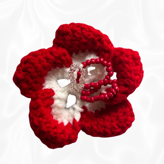 Crochet Hibiscus Hair Clip - Red and White