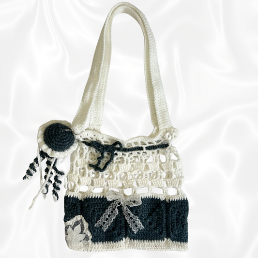 Crochet Ocean Themed Bag w/ Jellyfish Keychain - Navy Blue and White